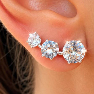 Brinco Feminino Ear Cuff 3 Pontos de Luz Zircônia Efeito 3 Furos Prata 925 Dourado