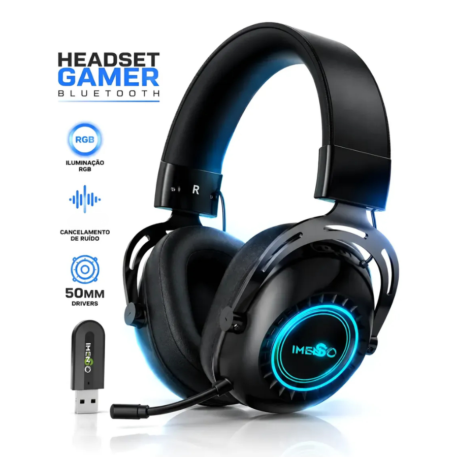 IMENSO Headset Gamer Sem Fio Com Microfone Cancelamento de Ruído + Pendrive + 2 Cabos Adaptadores Bluetooth Concentração