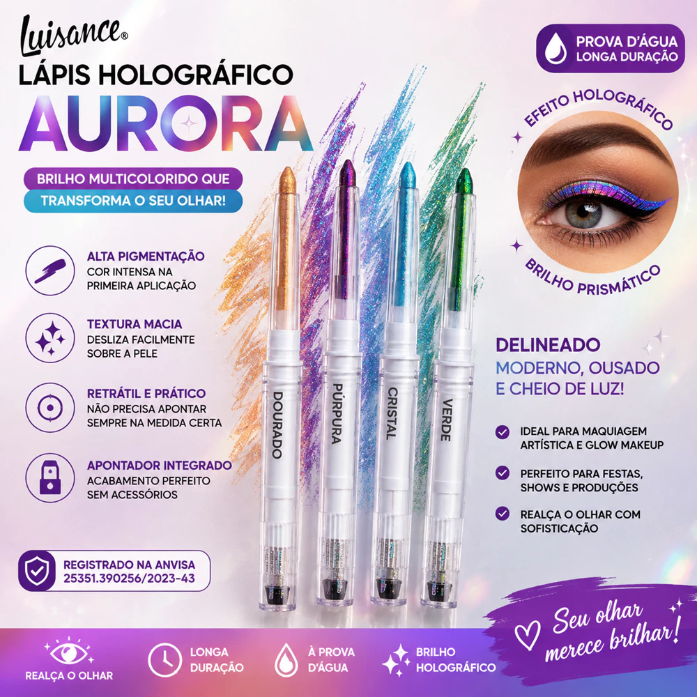Lápis Holográfico Aurora Luisance Retrátil Prova DÁgua Delineador Olhos Glow Glitter Apontador Integrado AltaPigmentação