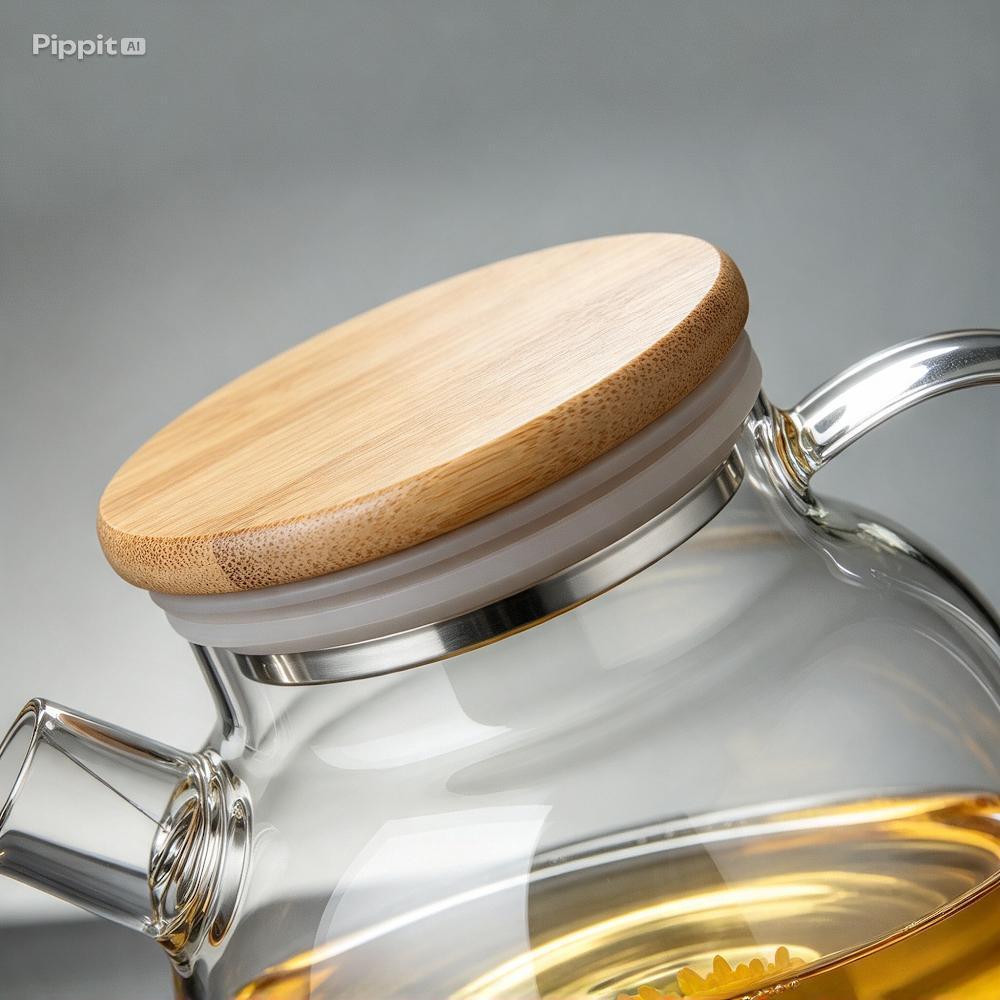 Chaleira de Vidro 1 Litro Coador Tampa de Bambu Premium Resistente a Calor De ir Fogo Bule Infusor — imagem 2 de 2