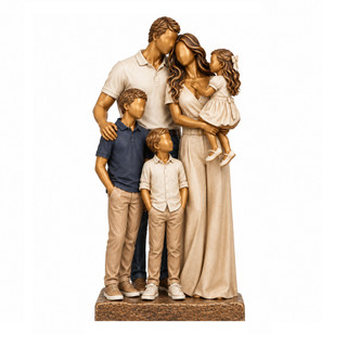 Estatueta Família com Bebê Menina e 2 Meninos - Escultura Decorativa Pai Mãe Três Filhos