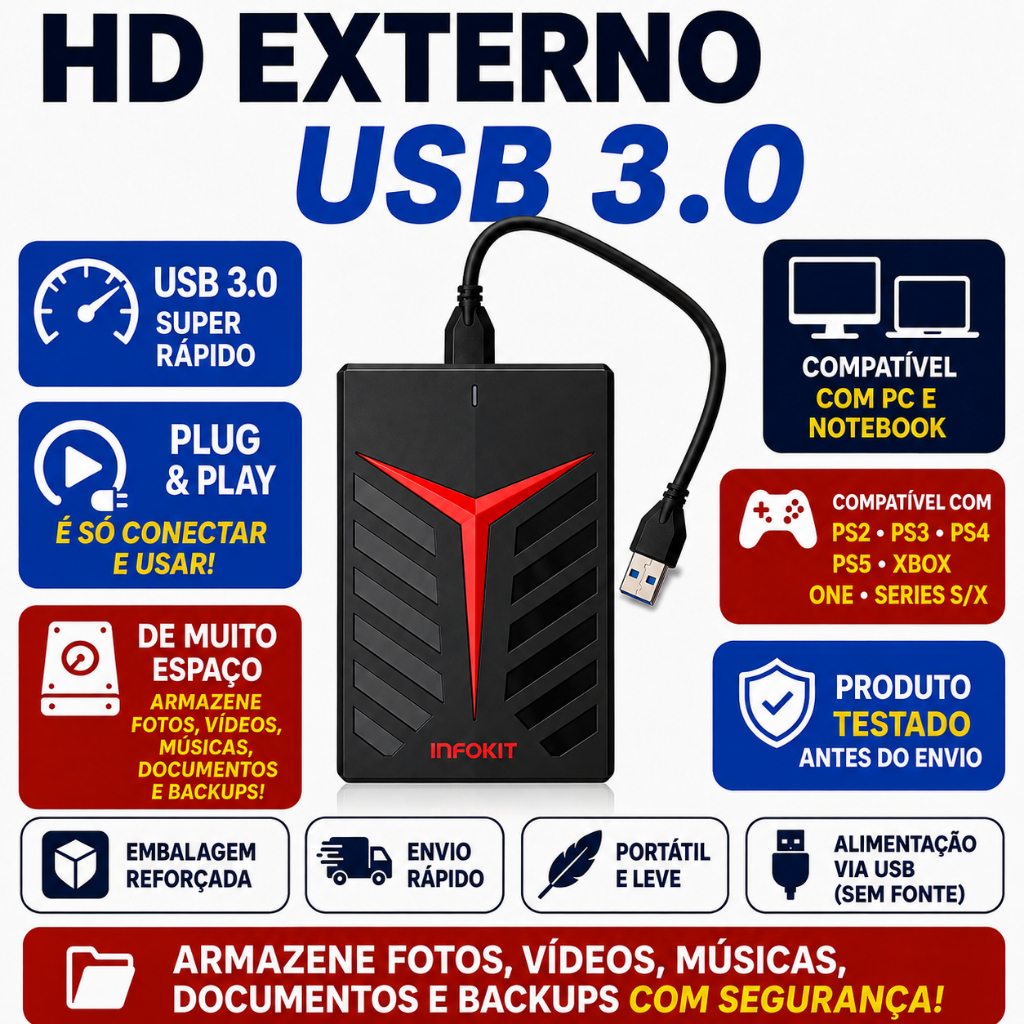 HD EXTERNO PORTÁTIL 1TB/1000GB OU 500GB - USB 3.0 CASE TRANSPARENTE OU PRETA, PS2 PS3 PS4 PS5 XBOX PC NOTEBOOK