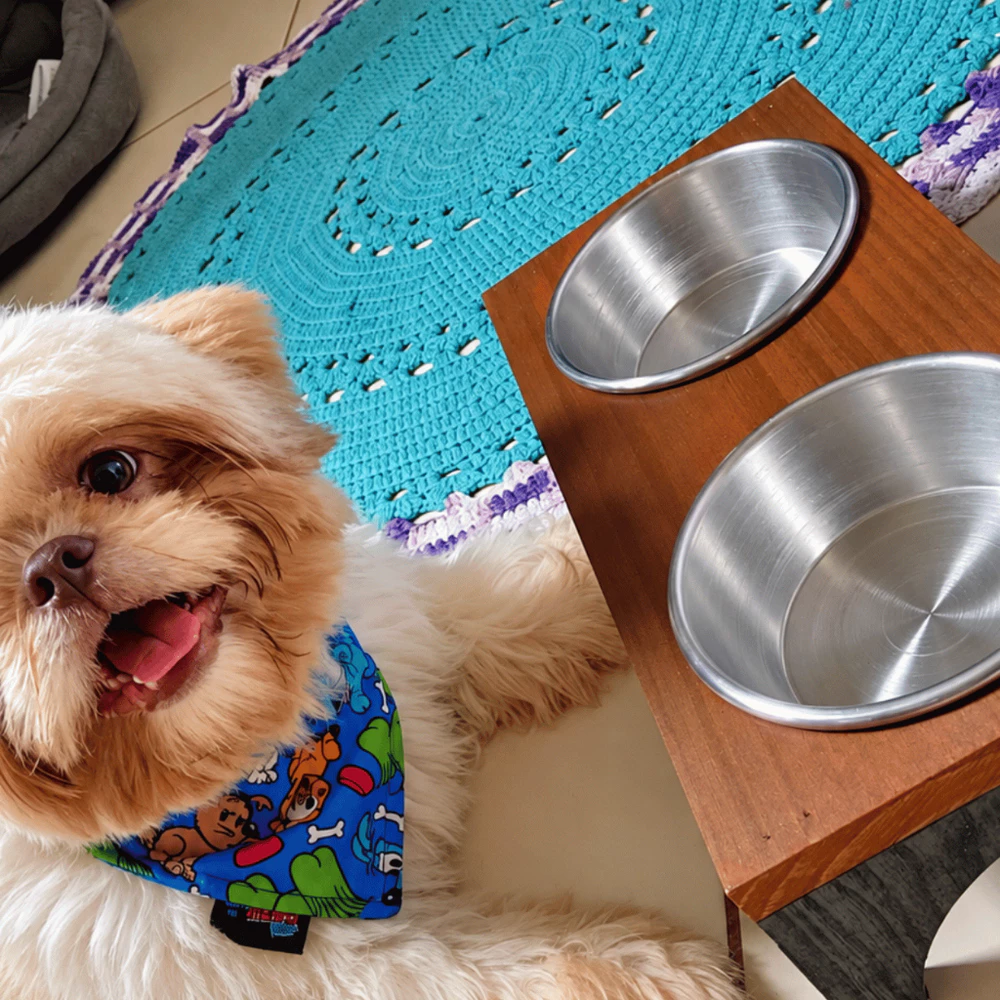 Comedouro Cachorro Gato Suporte Pet Duplo Madeira Tigela Aluminio Pintura Impermeável