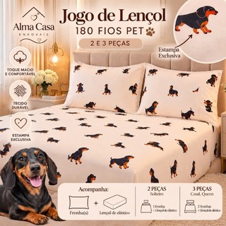 Jogo de Lençol 2 e 3 Peças Estampado Cachorro Salsicha Solteiro Casal Queen