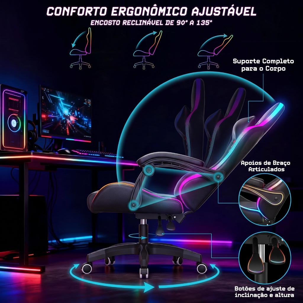 Cadeira Gamer Reclinável RGB LED com Controle, Ergonômica, Giratória, Suporta 150kg, Estofado PU Reclinável Estofado · foto 2
