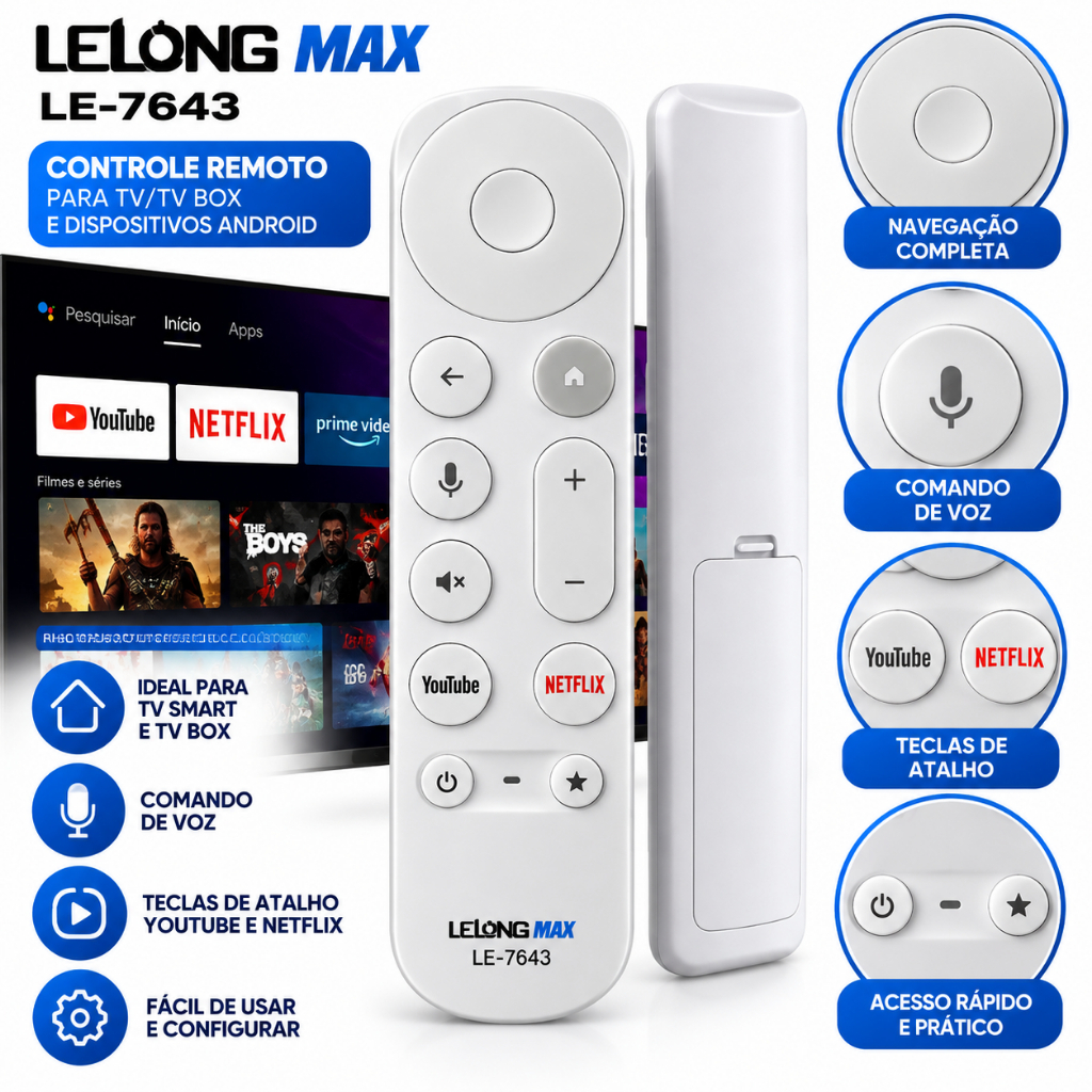 Controle Remoto Lelong Max LE-7643 Bluetooth Chromecast Comando de Voz Google TV Streamer…