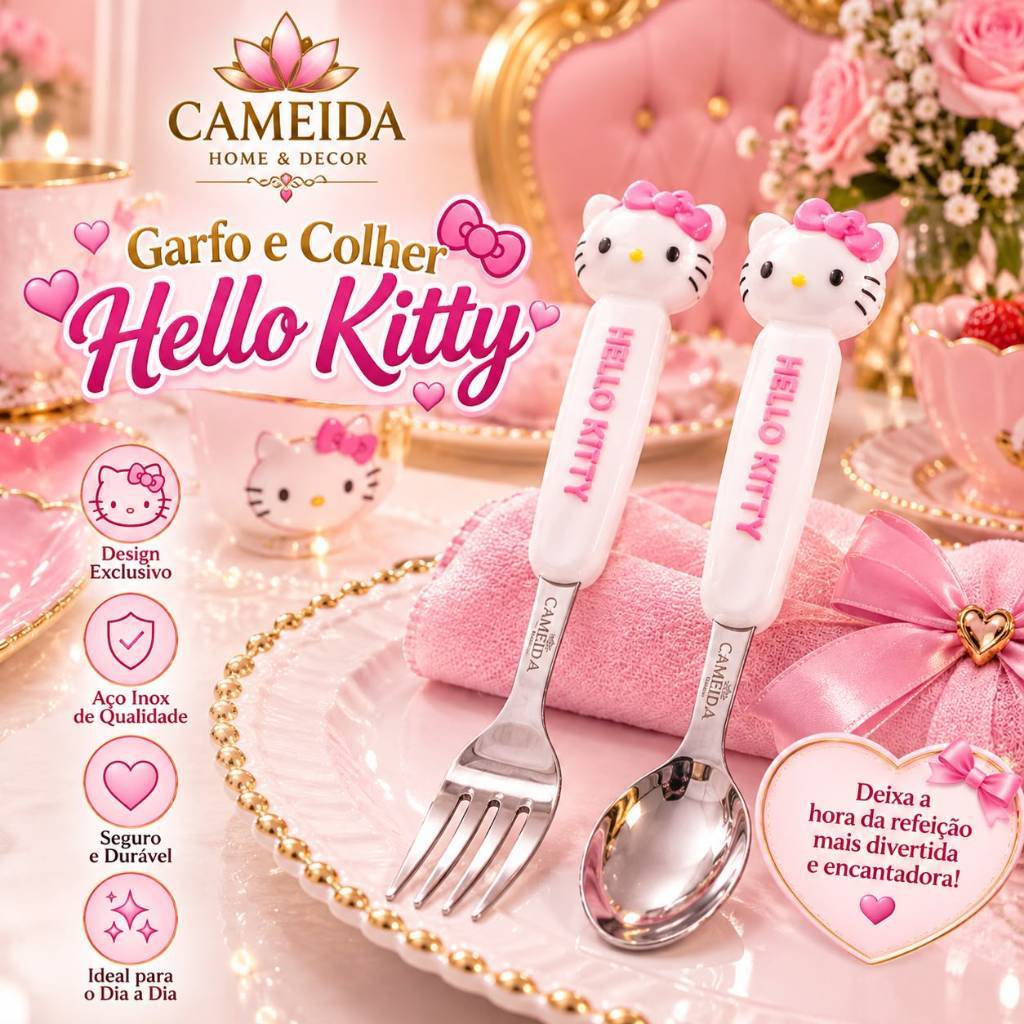 Kit de Talheres Hello Kitty 3D com Boneca na Ponta- Adulto – Garfo de Mesa e Colher de Sopa 18,5cm com Estojo (Case)