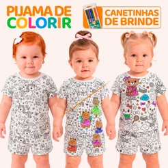 Pijama de Colorir Bebê Menina 100% Algodão Manga Curta Estampa para Colorir Roupa Infantil Verão Criativo Conforto L06