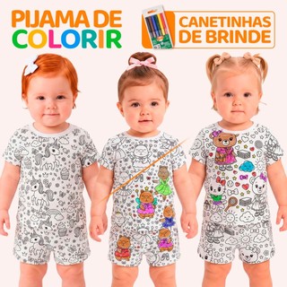 Pijama de Colorir Bebê Menina 100% Algodão Manga Curta Estampa para Colorir Roupa Infantil Verão Criativo Conforto L06