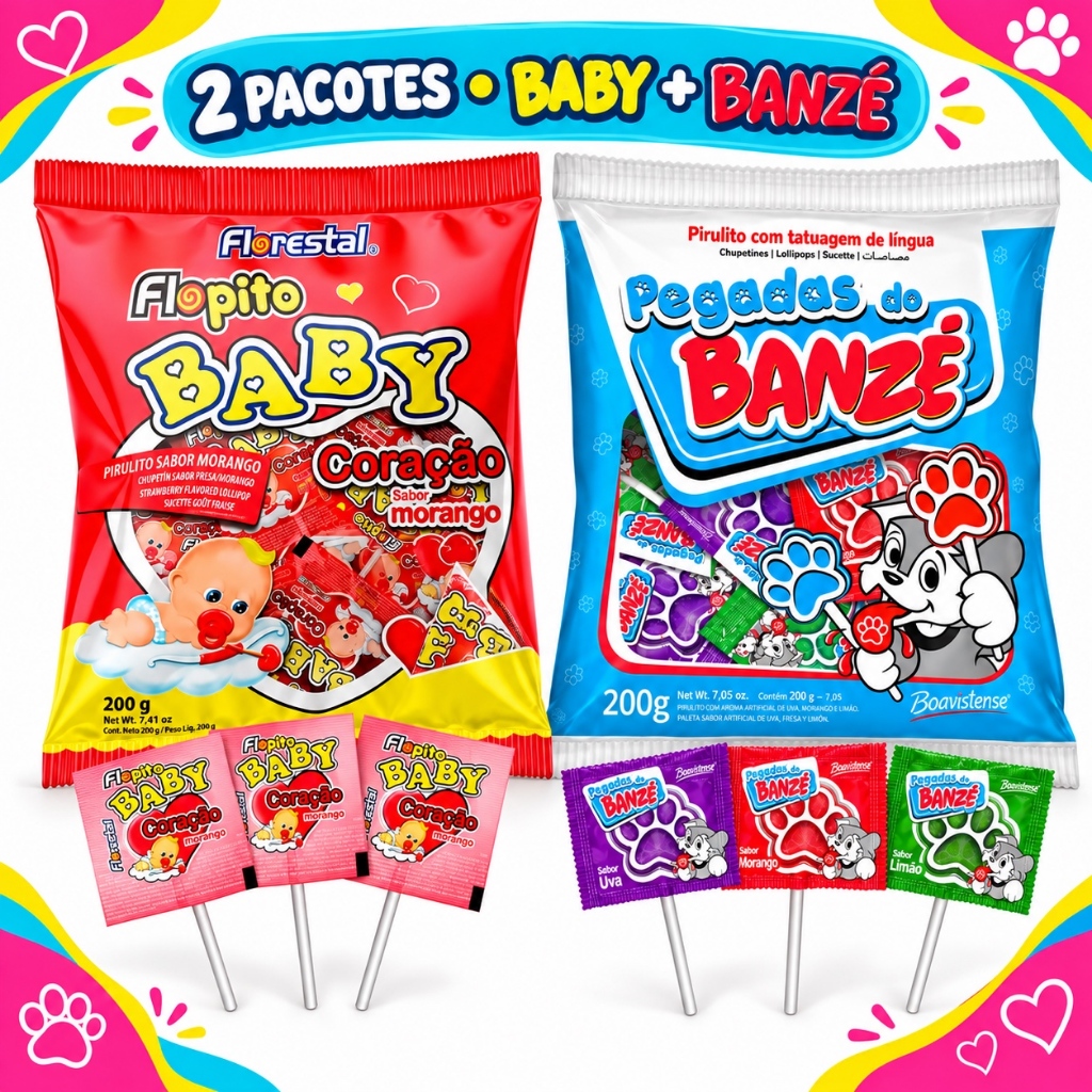 Kit 2 Pirulitos Baby Coração e Banze Com 50 unidades Cada - Florestal