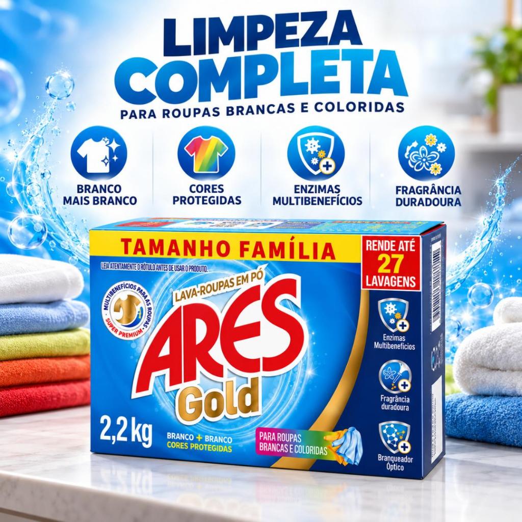 Kit 2 Unidades Lava Roupas Em Pó Ares Gold 2,2kg Sabão Roupas Brancas E Coloridas — imagem 2 de 2