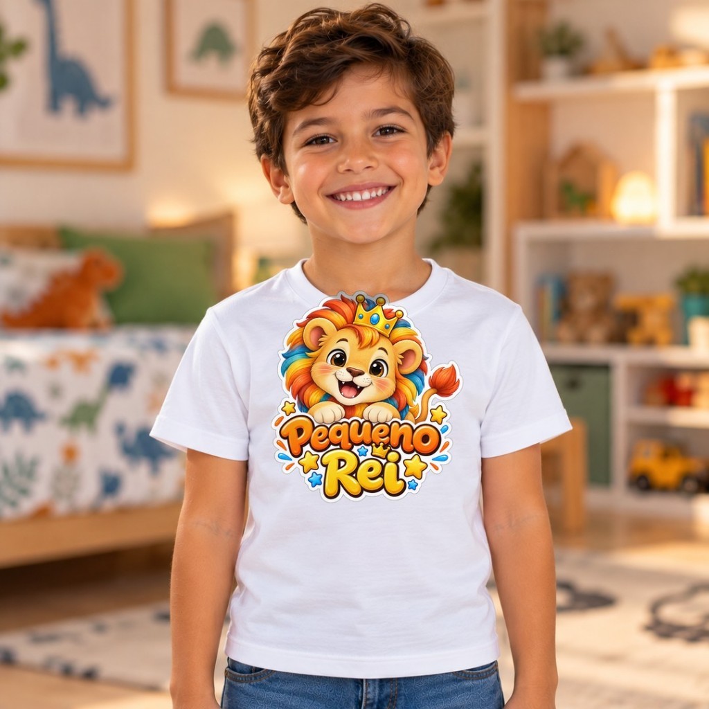 Camiseta Infantil Leãozinho Pequeno Rei Leão Coroa Menino Criança Estampada Algodão 2 a 16 Anos Presente Aniversário