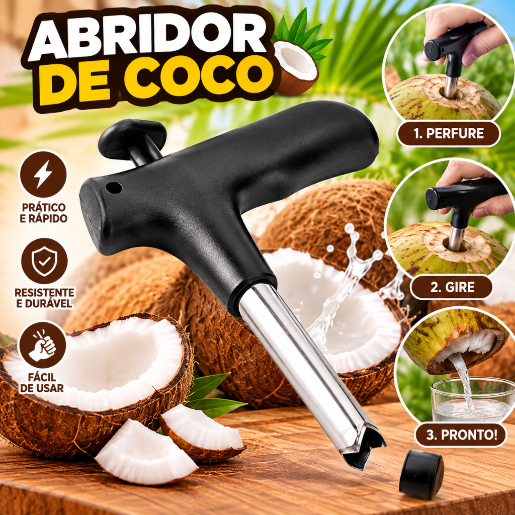 Abridor de Coco Furador de Coco 12cm Inox Original Prático Manual Haste Removível