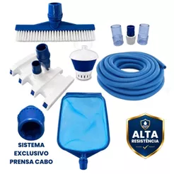 Kit Limpeza Piscina Profissional Peneira Aspirador escova clorador mangueira 5mt Fibra Vinil Alvenaria Kit Resistente