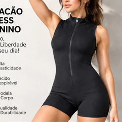 Macacão fitness canelado gola alta com zíper treinos casual modelador