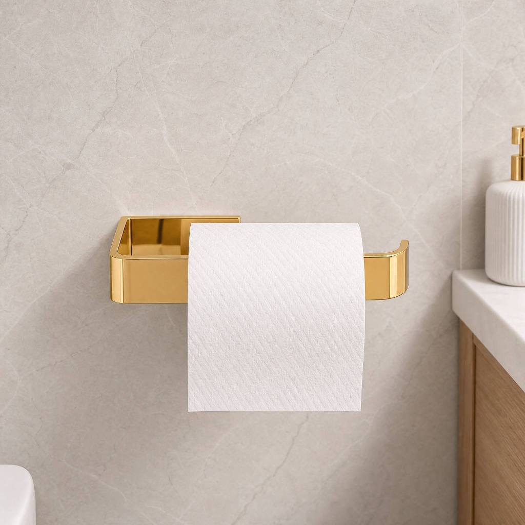 Papeleira para Banheiro Porta Papel Higiênico Quadrado Chapa Metal Dourado · foto 2