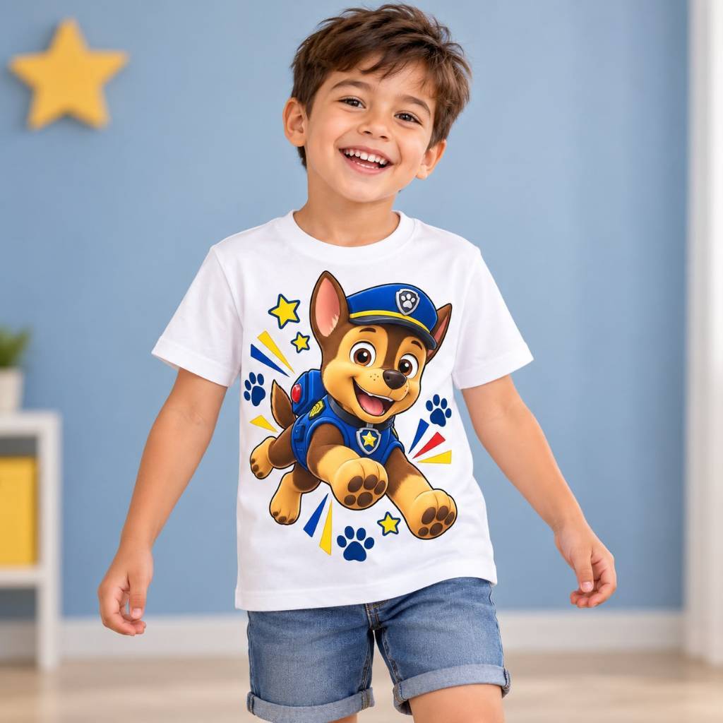 Camiseta Infantil Masculina Personagem Chase Patrulha Canina Camisa Moda Infantil Estampada e Divertida 100% Algodão