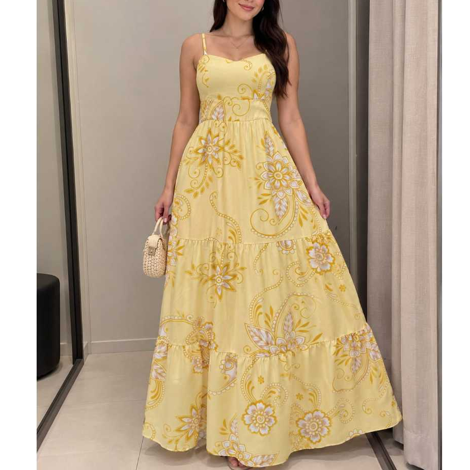 Vestido Femenino Longo Três Marias De Alcinha-Soltinho,Forrado E Fresquinho Para O Verão