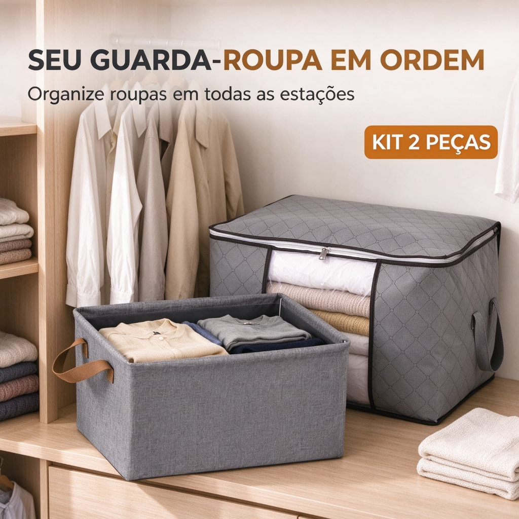 Cesto Organizador Tecido Cinza Com Alças + Saco Organizador Zíper Janela Transparente Kit 2 Em 1 Para Armário Quarto