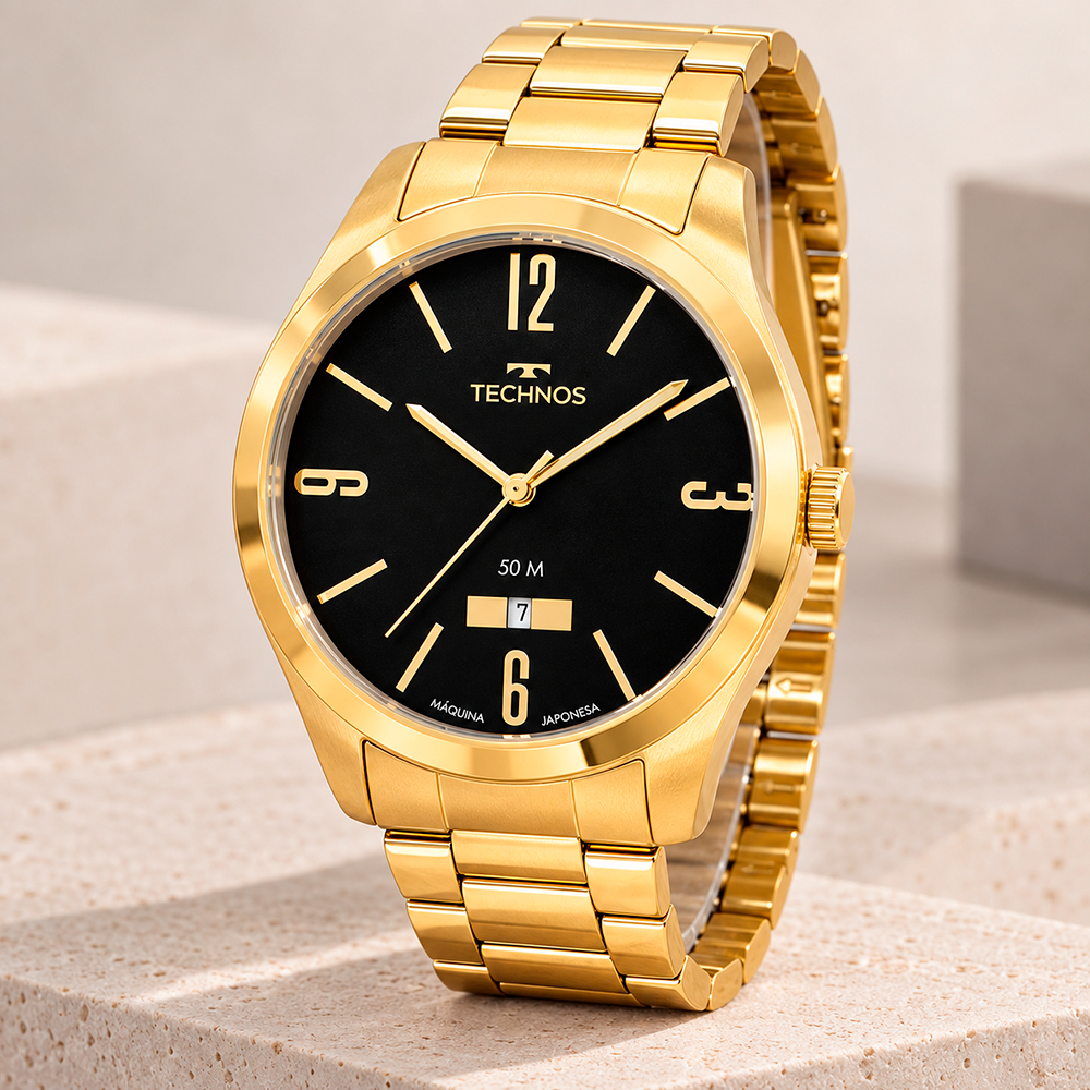 Imagem Relógio Technos Masculino Dourado Preto Original 1 Ano de Garantia