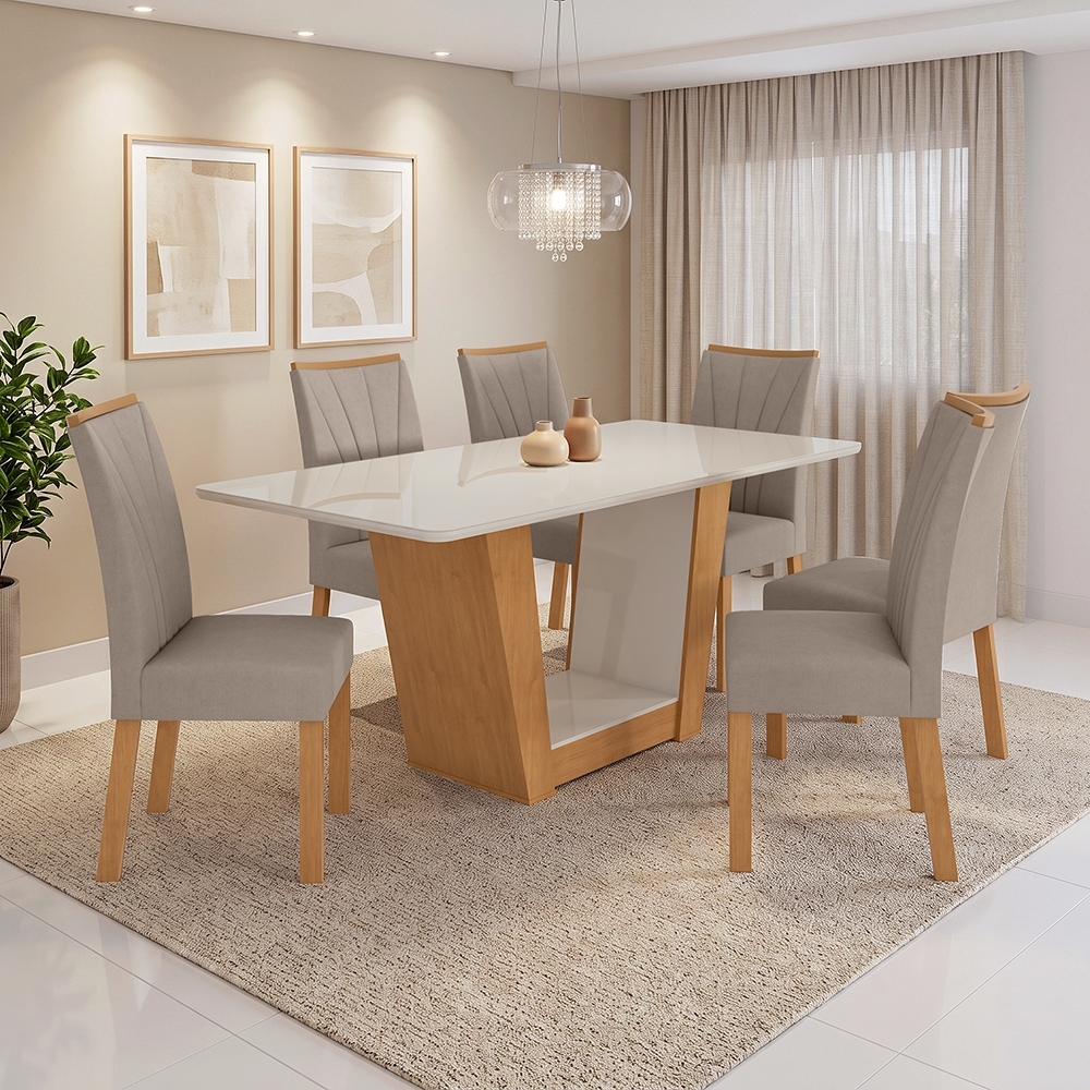 Imagem Mesa de Jantar 1,70 Apogeu com vidro e 6 cadeiras Apogeu tecido Suede Animale Amêndoa /Off