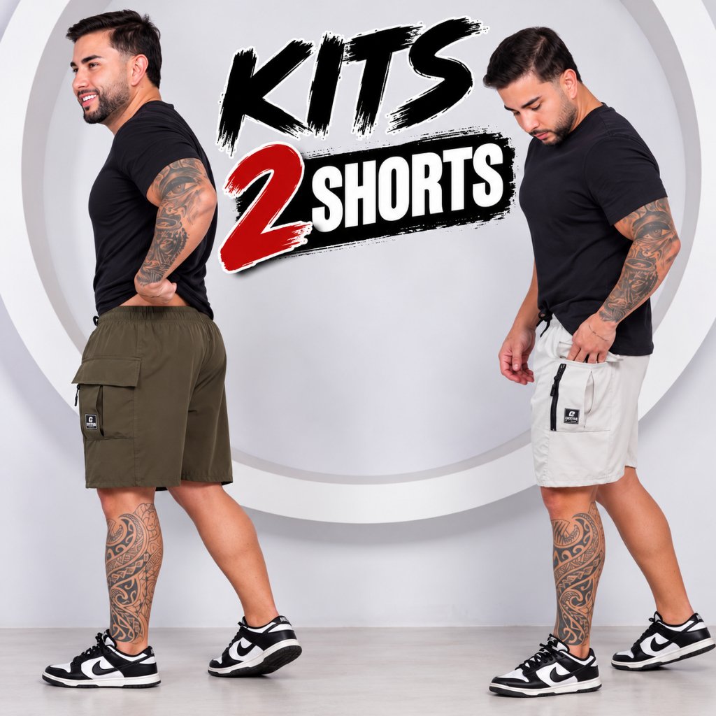 Kit 2 shorts Bermudas Mauricinho Masculino com bolso funcional cargo tecido tactel elastano