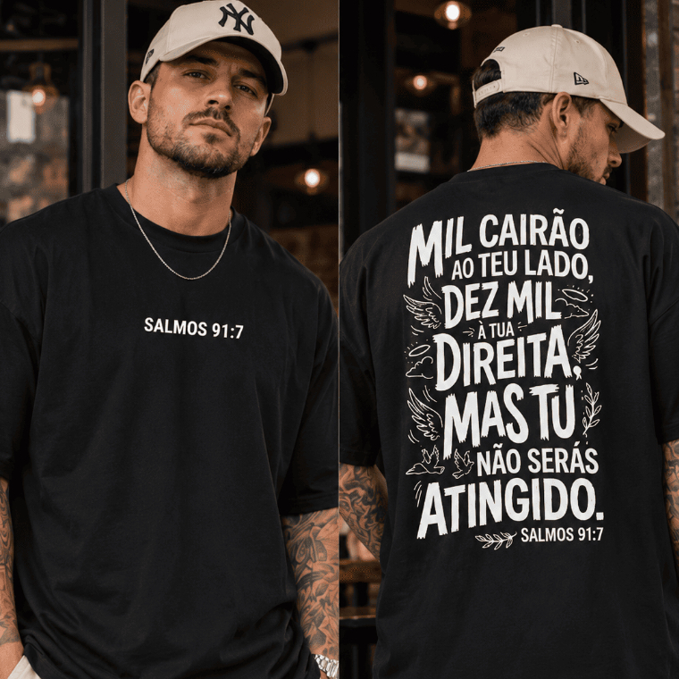 Camiseta Masculina Salmos 91:7 Fé Cristã Estampada Religiosa Gospel Confortável Manga Curta Casual