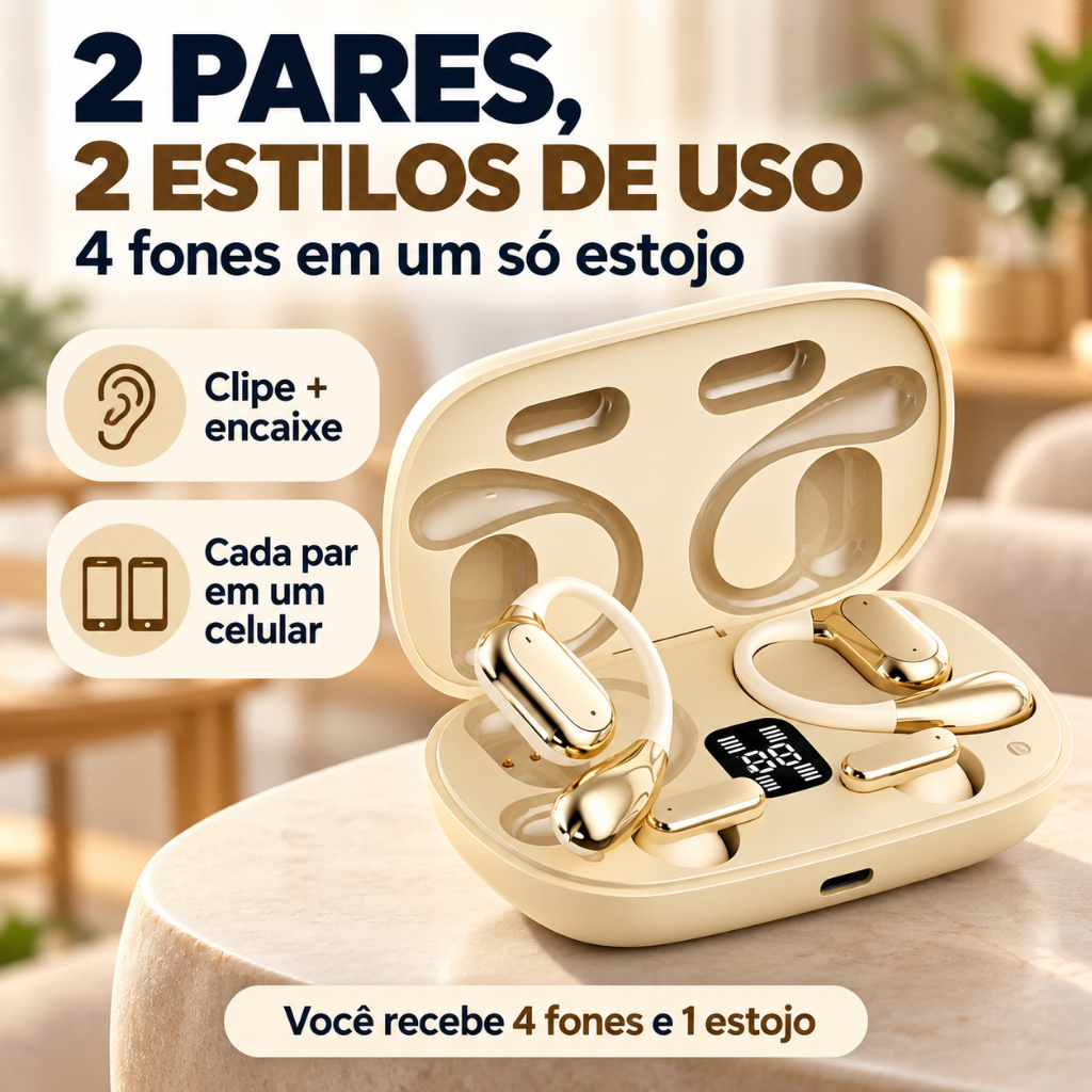 Fone de Ouvido Bluetooth 2 em 1 com 4 Fones 2 Pares Clipe e Semi Intra-Auricular, Estojo Display