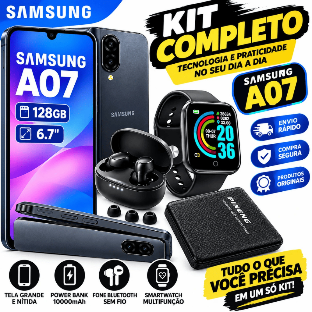 Celular Samsung Galaxy A07 128GB + Power Bank 10000mAh + Fone Bluetooth + Smartwatch
