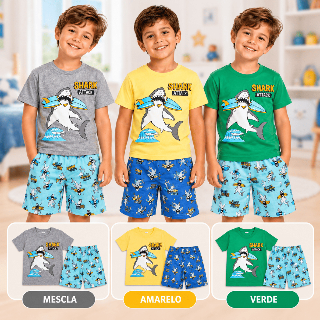 Pijama Infantil Masculino Verão Shark Attack - Hey Kids - Amarelo