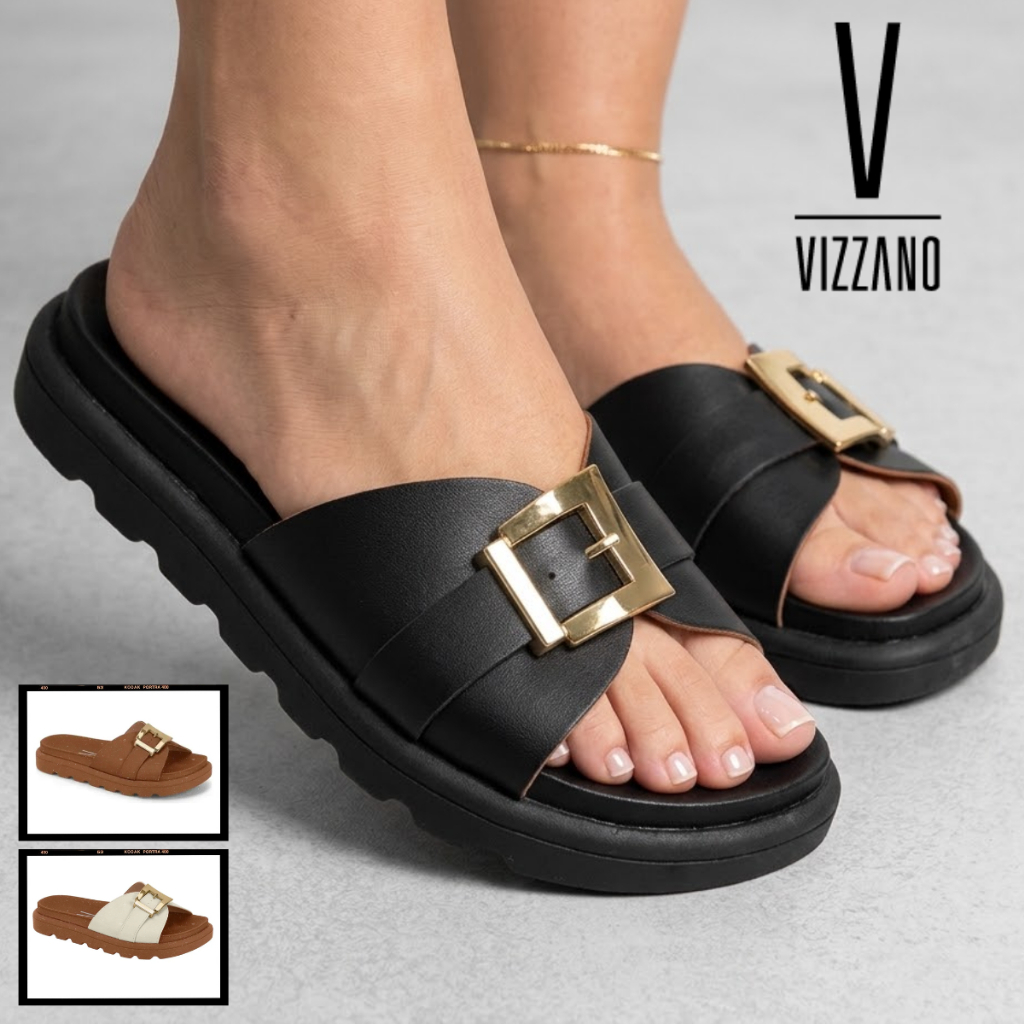 Sandália Feminina Vizzano Papete Flatform Tratorada com Fivela Detalhe Dourado Casual Confortável Original