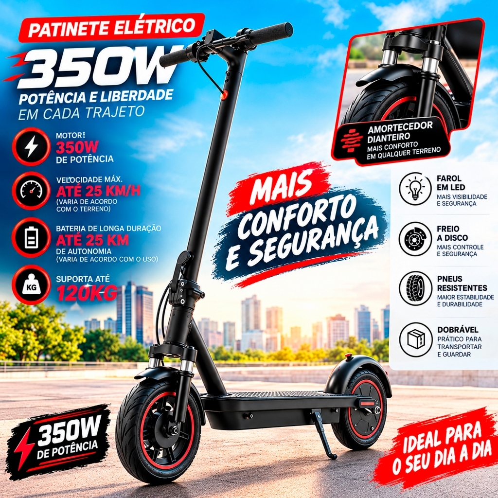 Patinete Elétrico Com Amortecedor 350W Adulto Freio Disco Scooter Dobrável Transporte Urbano Premium