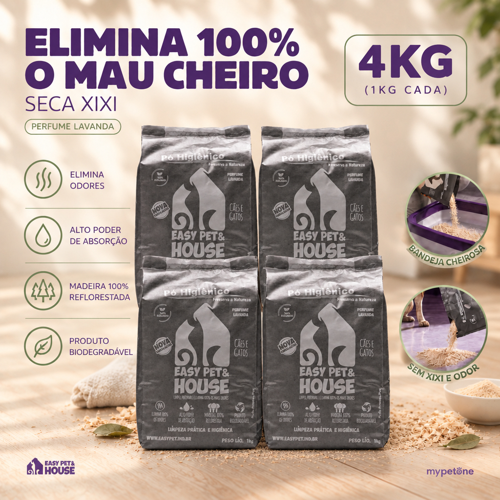 Kit 4 Pó Higiênico 1kg Lavanda Seca Xixi Eliminador de Odores Cães e Gatos EasyPet Limpeza Fácil Ação Bactericida