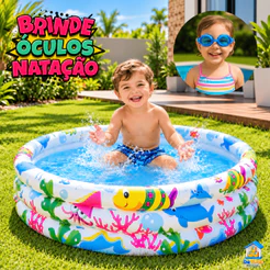 Piscina Infantil Criança Pets Inflável Estampa Fundo Do Mar 3 Anéis 100 Litros + Brinde