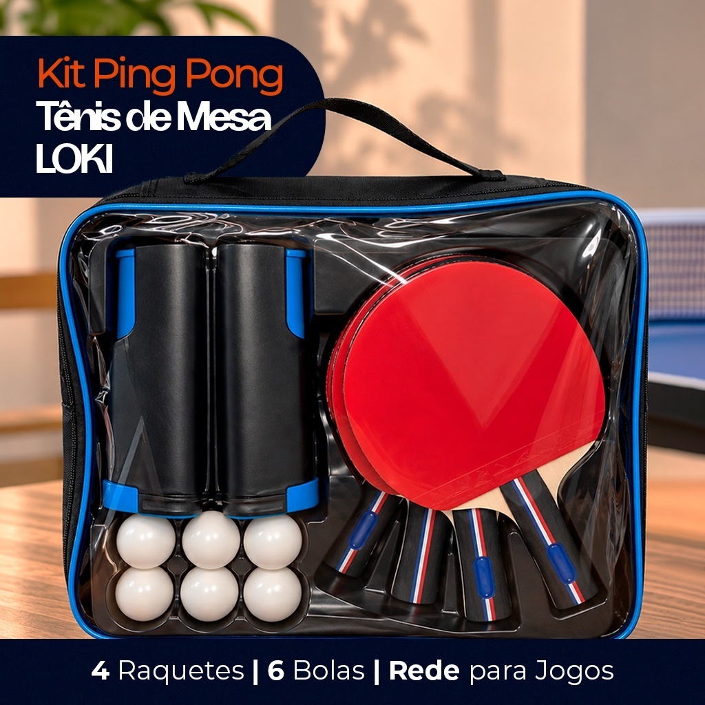 Kit Ping Pong Tênis de Mesa LOKI Completo 4 Raquetes 6 Bolas com Rede para Jogos em Família Amigos Treinos e Lazer