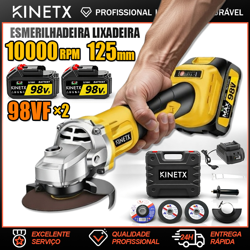 Esmerilhadeira Lixadeira Angular Profissional Elétrica Sem Fio 2 Baterias 1000W 125mm Motor Brushless Maleta | KINETX