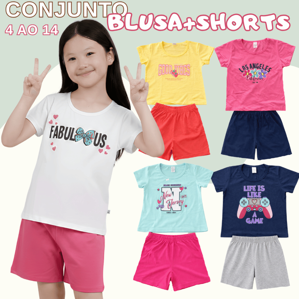 Conjunto Infantil Blusa Shorts Menina 5 Estampas Verão Manguinhas Personagem 100% Algodão Fresco Top