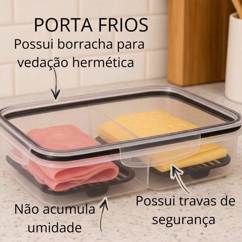 Porta Frios Duplo Preto para Presunto e Queijo Com Fundo Removível Para Conservar e Organizar a Geladeira Hermetico