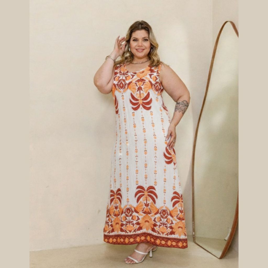 Vestido Elegante Longo Estampado Regata Alça Larga Plus Size em Oferta na Shopee