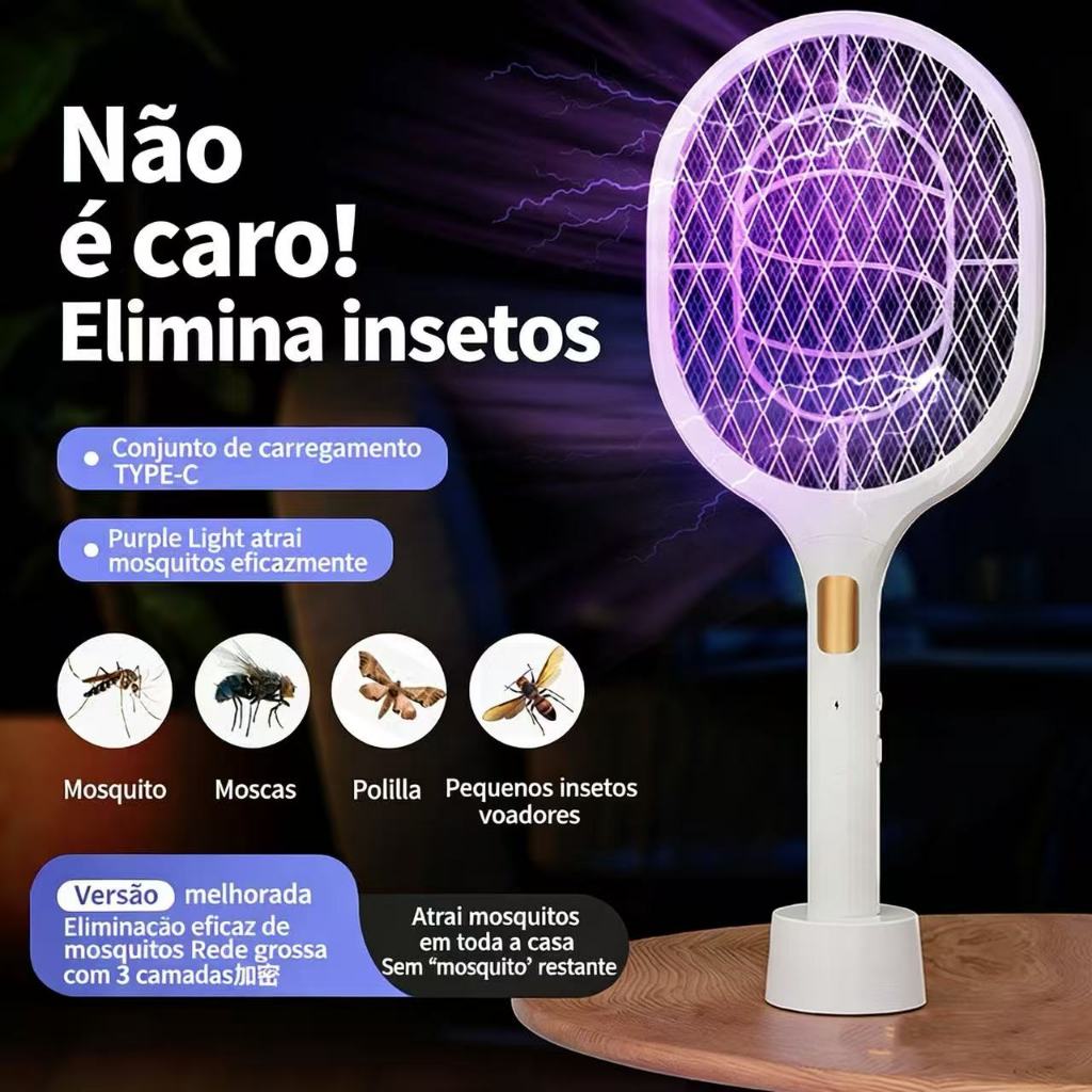 Raquete Elétrica Led Mata Insetos Recarregável Usb Armadilha  Uv Luz Roxa-Mosquito automático em Oferta na Shopee