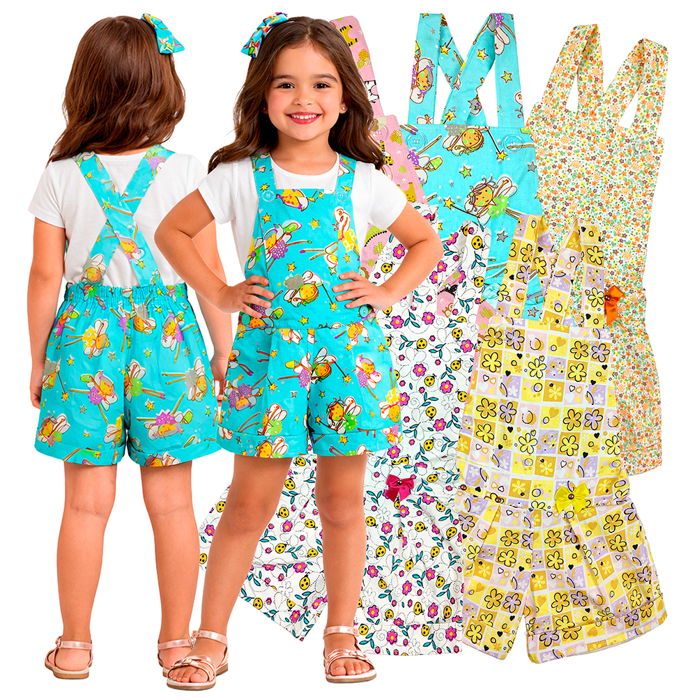 KIT 5 Jardineira Short Popeline 100% algodão Estampada