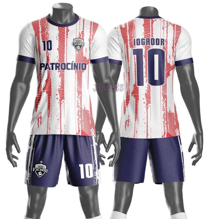 Uniforme jogador futebol amador esportivo camiseta e calção personalizavél nome número  escudo mod 8