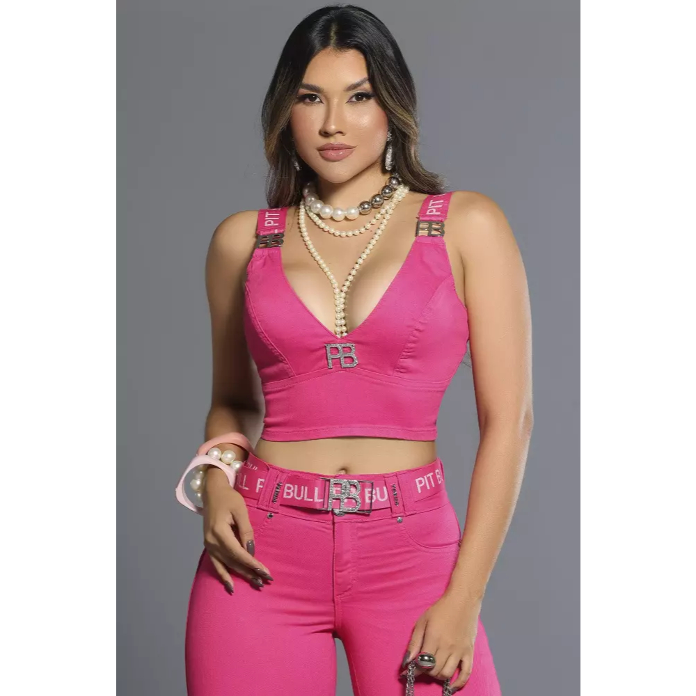 Cropped Rosa Modelador com Decote e Alças Personalizadas Pit Bull Jeans-88242