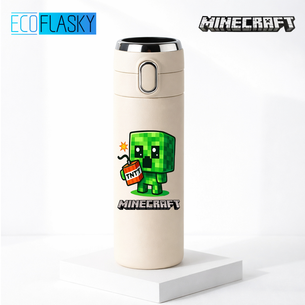Garrafa Térmica Infantil de Aço Inox Minecraft Creeper com Termometro LED Digital Temperatura 420ml