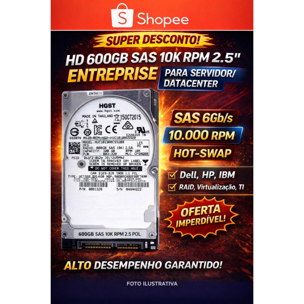 kit 4 HD SAS 600GB 10K 2.5 Enterprise HGST Para Servidor RAID Datacenter