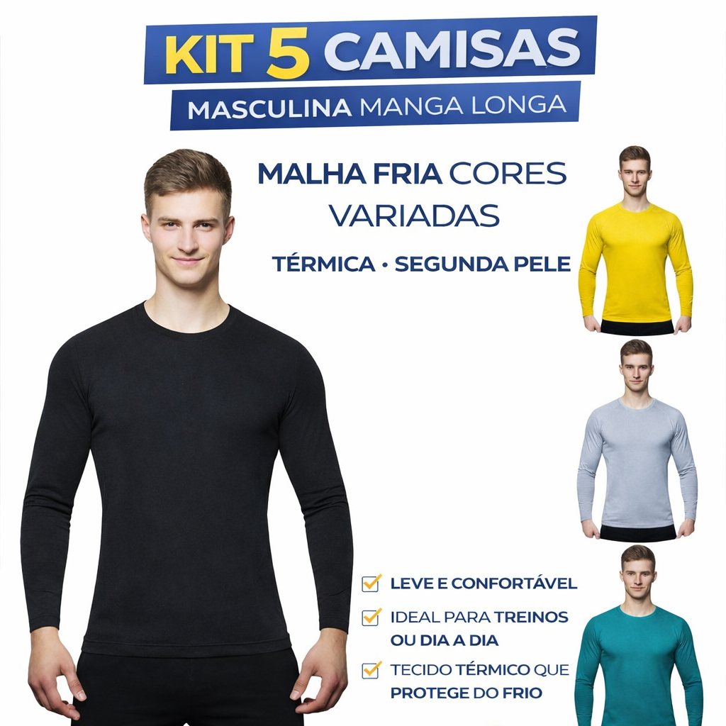 Kit com 5 Camisas Masculinas Manga Longa | Malha Fria – Modelagem Slim