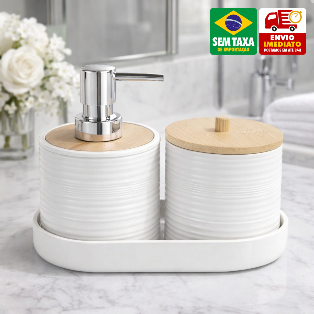 Conjunto Porta Sabonete Líquido 300ml Porta Cotonete Bandeja Bambu 3 Peças em Oferta na Shopee