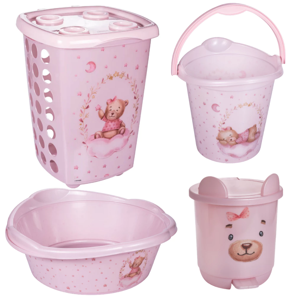 Kit 4 Peças Com Cesto de Roupas ou Banheira de Bebê Plasútil Com Bacia, Balde e Lixeira Infantil