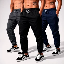 Kit 3 Calça Jogger Masculina Tactel com Elastano Academia Treino Fitness Slim Dry Fit Esportiva Leve