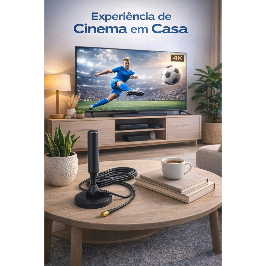 Antena Tv Digital Interna Externa Uhf Vhf Em Alumínio Com Base Magnética Cabo 5m Alta Definição Para Tv E Conversor